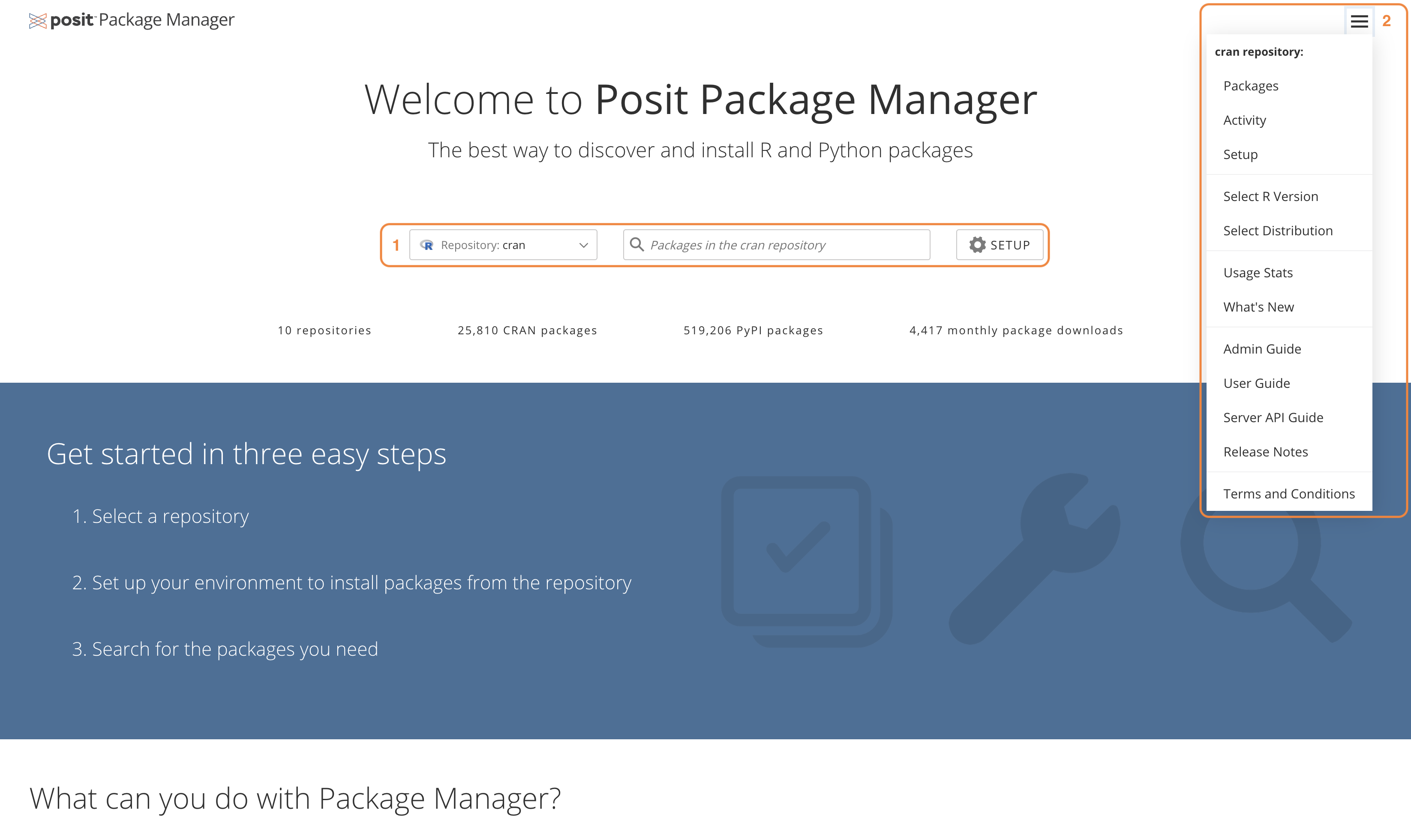 Package Manager repository view screenshot, with repository drop-down in the main navigation bar, the repository packages search field, and the menu expanded